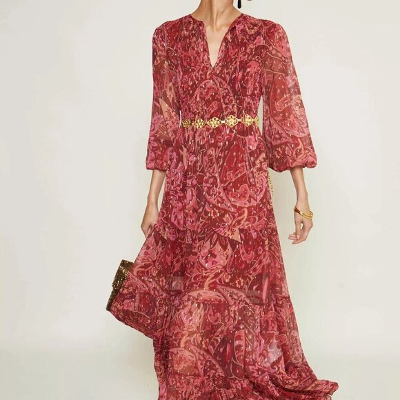 Julia Jordan Red Pink Floral Paisley Pleated V Neck Boho Tiered Flowy Maxi Dress - Picture 13 of 14